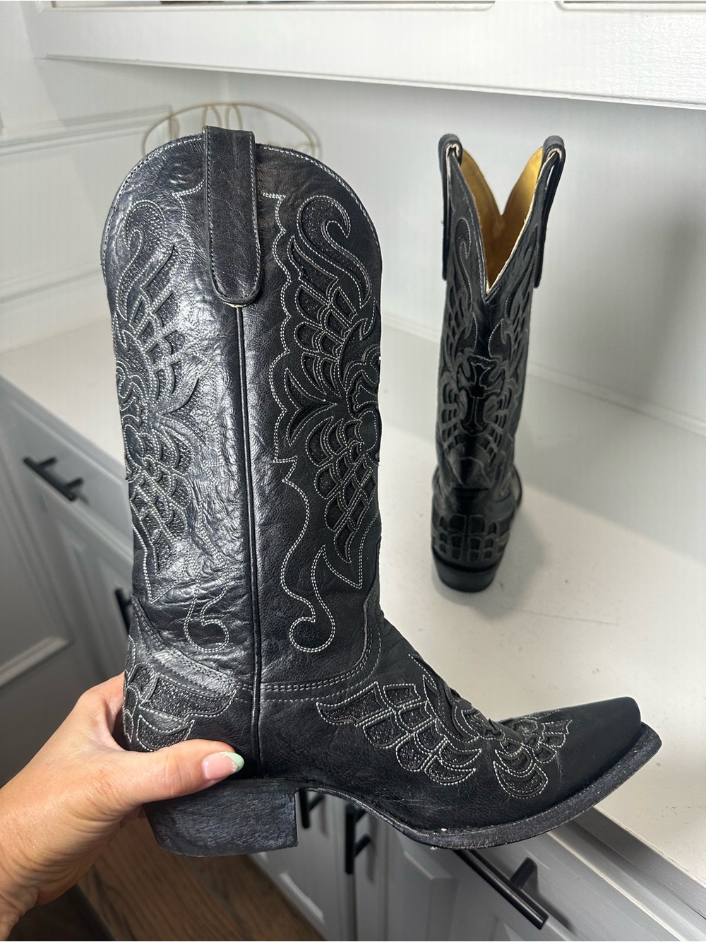 Cavender's Cowboy Boots Womens 7 Black Leather Western Cowgirl Boots Embroidered - Picture 8 of 10